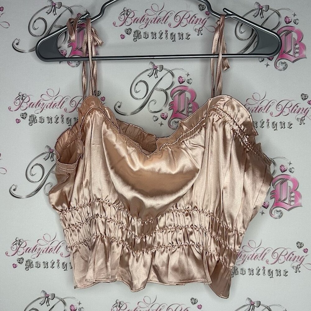 West of melrose tank top Satin Ruched Crop Top blush champagne rose shiny